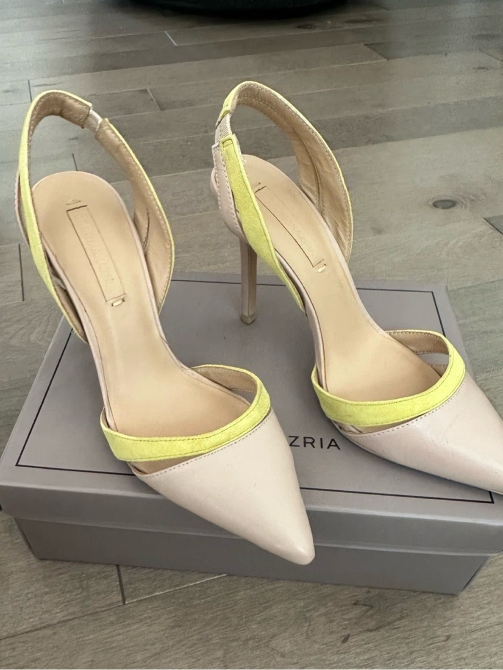 BCBGMaxAzria Cream Pointed Toe Slingback Heels with Yellow Accent